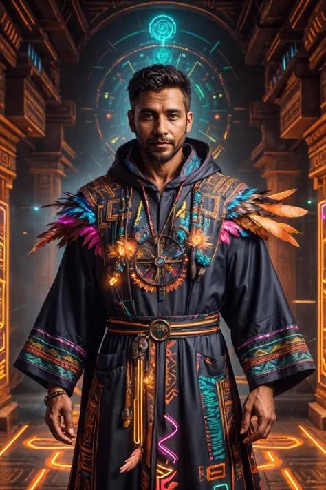 azt3ch, photo of a south american man wearing priest robe, science fiction, neon light, mechanical, feathers, dynamic pose, fantasy aztec city background, talisman, temple, indoors, (40 years old), beard, realistic, masterpiece, intricate details, detailed background, depth of field,