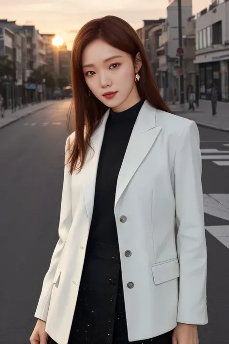 best quality, masterpiece, ultra high res, (photorealistic:1.4), sungkyung1 a woman, light eye makeup, looking at the viewer, half body photo, (black longsleeves jacket), at the streets, sunset, <lora:httpleesungkyung:1:lbw=FACES>