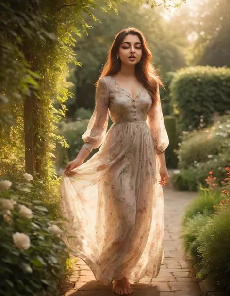 Captured by Zara Dar in a perfectly timed moment under the early morning light, this breathtakingly beautiful young woman stands confidently and elegantly in a picturesque garden, her soft curves accentuated by the graceful vintage-inspired dress she adorns. As the gentle breeze rustles the foliage behind her, creating an atmospheric backdrop that blends seamlessly with the enchanting pastoral landscape in the distance, she moves effortlessly through this serene setting, showcasing the mysterious depths of her soul and unparalleled connection to nature. The scene is bathed in a soft, dreamlike light that both enhances and softens her features, leaving all captivated by the sheer beauty and grace that has been perfectly captured within this one magical moment in time. <lora:gtyzrs18fa7cfedb2z1fc:1>