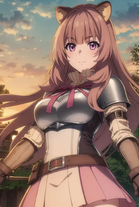 raphtalia, <lora:raphtalia s3-lora-nochekaiser:1>,
raphtalia, long hair, bangs, brown hair, animal ears, raccoon ears, raccoon tail, raccoon girl, (pink eyes:1.3), smile
BREAK long sleeves, sweater, ribbed sweater, puffy sleeves, breastplate, ribbon, red ribbon, gauntlets, glove, brown gloves, belt, skirt, armor,
BREAK outdoors, forest, nature, sun, sky, trees, clouds, grass,
BREAK looking at viewer, (cowboy shot:1.5),
BREAK <lyco:GoodHands-beta2:1>, (masterpiece:1.2), best quality, high resolution, unity 8k wallpaper, (illustration:0.8), (beautiful detailed eyes:1.6), extremely detailed face, perfect lighting, extremely detailed CG, (perfect hands, perfect anatomy),