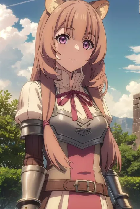 raphtalia, <lora:raphtalia s3-lora-nochekaiser:1>,
raphtalia, long hair, bangs, brown hair, animal ears, raccoon ears, raccoon tail, raccoon girl, (pink eyes:1.3), smile
BREAK long sleeves, sweater, ribbed sweater, puffy sleeves, breastplate, ribbon, red ribbon, gauntlets, glove, brown gloves, belt, skirt, armor,
BREAK outdoors, forest, nature, sun, sky, trees, clouds, grass,
BREAK looking at viewer, (cowboy shot:1.5),
BREAK <lyco:GoodHands-beta2:1>, (masterpiece:1.2), best quality, high resolution, unity 8k wallpaper, (illustration:0.8), (beautiful detailed eyes:1.6), extremely detailed face, perfect lighting, extremely detailed CG, (perfect hands, perfect anatomy),