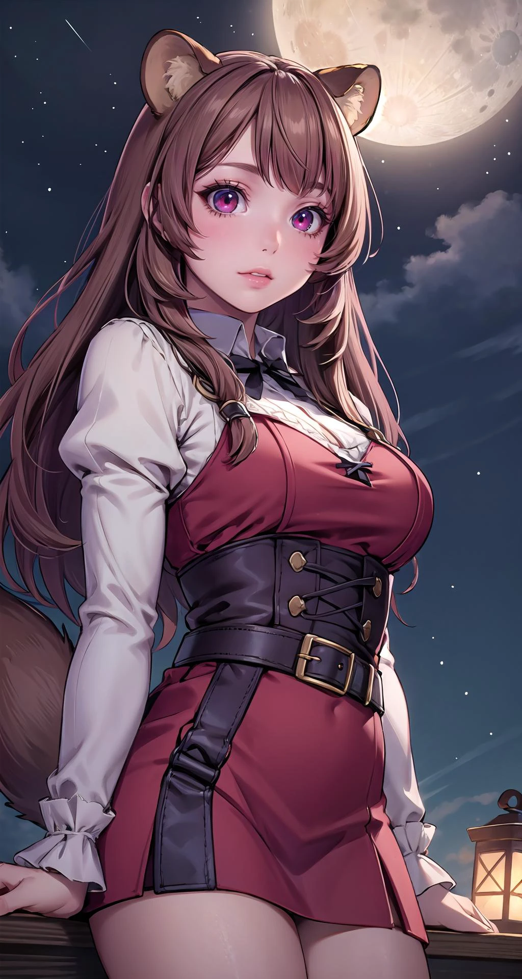 (masterpiece),(intricate details),1girl,mature female,pale skin,large breasts:1.49,curious face
BREAK
raphtalia, <lora:raphtaliatest:1>, raphtalia, animal ears, brown hair, long hair, raccoon ears, raccoon girl, raccoon tail, (red eyes:1.5), tail, BREAK arm garter, belt, brown belt, brown dress, dress, juliet sleeves, long sleeves, puffy sleeves, short dress
BREAK
moon,night,meteor,cinematic lighting,((cumulonimbus)),((reclining on the anywhere)),
((upper body)),from below:1.3,depth of field,looking at viewer