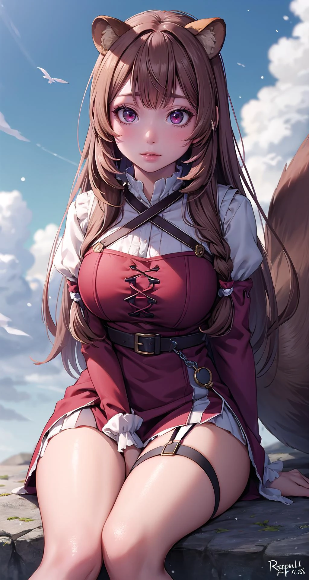 (masterpiece),(intricate details),1girl,mature female,pale skin,large breasts:1.49,curious face
BREAK
raphtalia, <lora:raphtaliatest:1>, raphtalia, animal ears, brown hair, long hair, raccoon ears, raccoon girl, raccoon tail, (red eyes:1.5), tail, BREAK arm garter, belt, brown belt, brown dress, dress, juliet sleeves, long sleeves, puffy sleeves, short dress
BREAK
day,snow,windy,blue sky,ice,((cumulonimbus)),((sit on the anywhere)),
((portrait)),from below:1.4,depth of field,looking at viewer