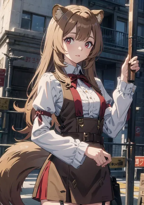 raphtalia, <lora:raphtaliatest:1>, raphtalia, animal ears, brown hair, long hair, raccoon ears, raccoon girl, raccoon tail, (red eyes:1.5), tail, BREAK arm garter, belt, brown belt, brown dress, dress, juliet sleeves, long sleeves, puffy sleeves, short dress,, BREAK looking at viewer, BREAK outdoors, city, BREAK <lora:GoodHands-vanilla:1>, (masterpiece:1.2), best quality, high resolution, unity 8k wallpaper, (illustration:0.8), (beautiful detailed eyes:1.6), extremely detailed face, perfect lighting, extremely detailed CG, (perfect hands, perfect anatomy),