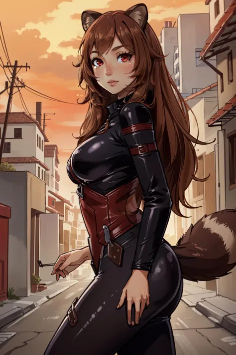 (masterpiece, best quality), intricate details,
1girl, <lora:raphtaliatest:0.8> raphtalia, animal ears, brown hair, long hair, raccoon ears, raccoon girl, raccoon tail, (red eyes:1.5), tail,
<lora:bikesuit_beta:0.8> latex bikesuit,