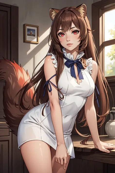 (masterpiece, best quality),  intricate details,
1girl,  <lora:raphtaliatest:0.8> raphtalia, animal ears, brown hair, long hair, raccoon ears, raccoon girl, raccoon tail, (red eyes:1.5), tail, 
 <lora:HestiaCosplayV1[hestia_cosplay,rei_no_himo]:0.8> hestia cosplay, rei no himo,