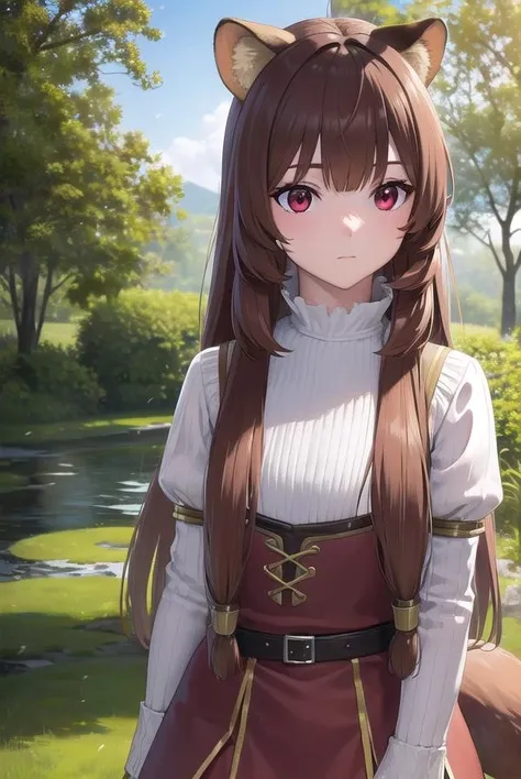 raphtalia, <lora:raphtalia-lora-nochekaiser:1>,
raphtalia, animal ears, brown hair, long hair, raccoon ears, raccoon girl, raccoon tail, (red eyes:1.5), tail,
BREAK arm garter, belt, brown belt, brown dress, dress, juliet sleeves, long sleeves, puffy sleeves, short dress,
BREAK looking at viewer,
BREAK outdoors, forest, nature, sun, sky, (cowboy shot:1.5),
BREAK <lyco:GoodHands-beta2:1>, (masterpiece:1.2), best quality, high resolution, unity 8k wallpaper, (illustration:0.8), (beautiful detailed eyes:1.6), extremely detailed face, perfect lighting, extremely detailed CG, (perfect hands, perfect anatomy),