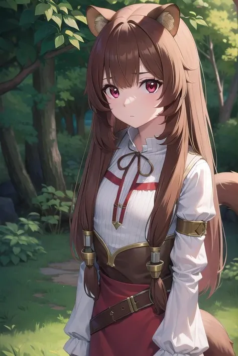 raphtalia, <lora:raphtalia-lora-nochekaiser:1>,
raphtalia, animal ears, brown hair, long hair, raccoon ears, raccoon girl, raccoon tail, (red eyes:1.5), tail,
BREAK arm garter, belt, brown belt, brown dress, dress, juliet sleeves, long sleeves, puffy sleeves, short dress,
BREAK looking at viewer,
BREAK outdoors, forest, nature, sun, sky, (cowboy shot:1.5),
BREAK <lyco:GoodHands-beta2:1>, (masterpiece:1.2), best quality, high resolution, unity 8k wallpaper, (illustration:0.8), (beautiful detailed eyes:1.6), extremely detailed face, perfect lighting, extremely detailed CG, (perfect hands, perfect anatomy),