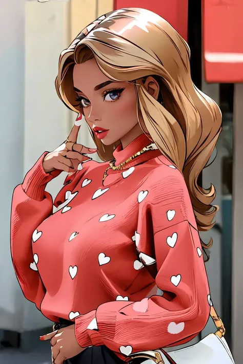 (masterpiece, best quality), 1girl, Orchid Classic Finger Waves with Gem Hairpin, big breasts,  <lora:h3artsw3at3r:1> h3artsw3at3r, heart print sweater,