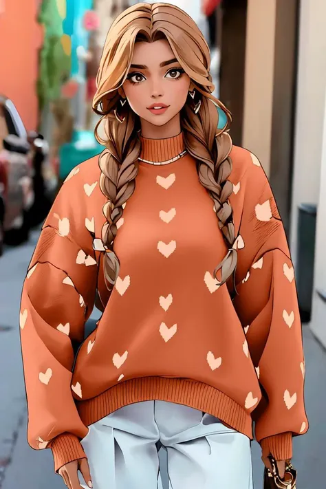 (masterpiece, best quality), 1girl, Pale brown Dutch Fishtail Braid with Flower Accents, Sizes M to Z breasts,  <lora:h3artsw3at3r:1> h3artsw3at3r, heart print sweater,