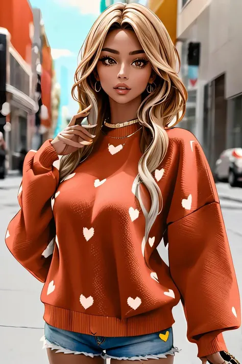 (masterpiece, best quality), 1girl, Amarillo Long Layered Hair, Size B breasts,  <lora:h3artsw3at3r:1> h3artsw3at3r, heart print sweater,