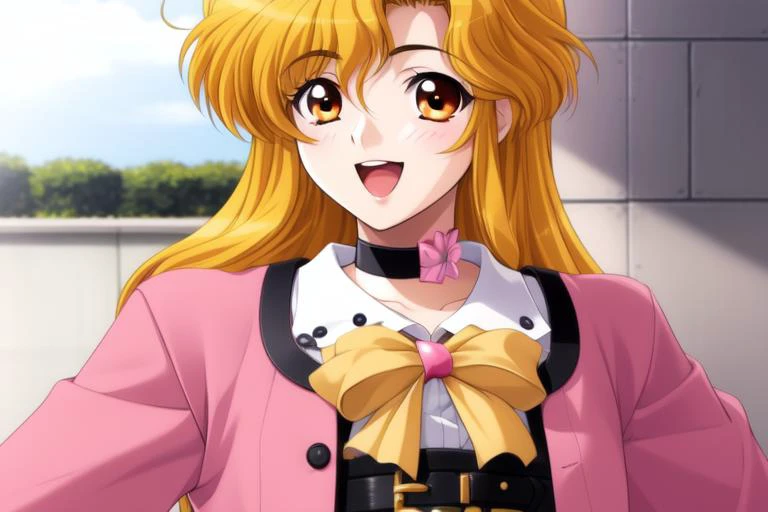 <lora:Ito_Ryoko:0.8>, ItoRyoko, 1girl, solo, blonde hair, choker, long hair, bow, orange eyes, smile, formal, open mouth, belt, pink_jacket, suit
masterpiece, high quality, very_high_resolution, large_filesize, full color,
