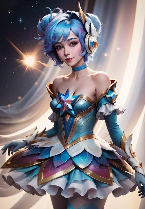 (Masterpiece:1.4), (best quality:1.2), <lora:StarGuardian_Sera_Ori-000015:1>, star guardian orianna, blue hair, hair bun, ballerina, short dress, white gloves, smile, upper body, cowboy shot