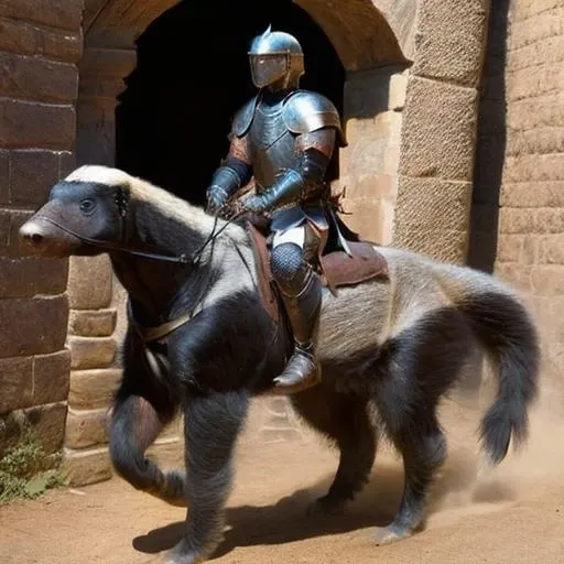 armoured warrior, on a horse, knight, honeybadger <lora:HoneyBadger:1.0>