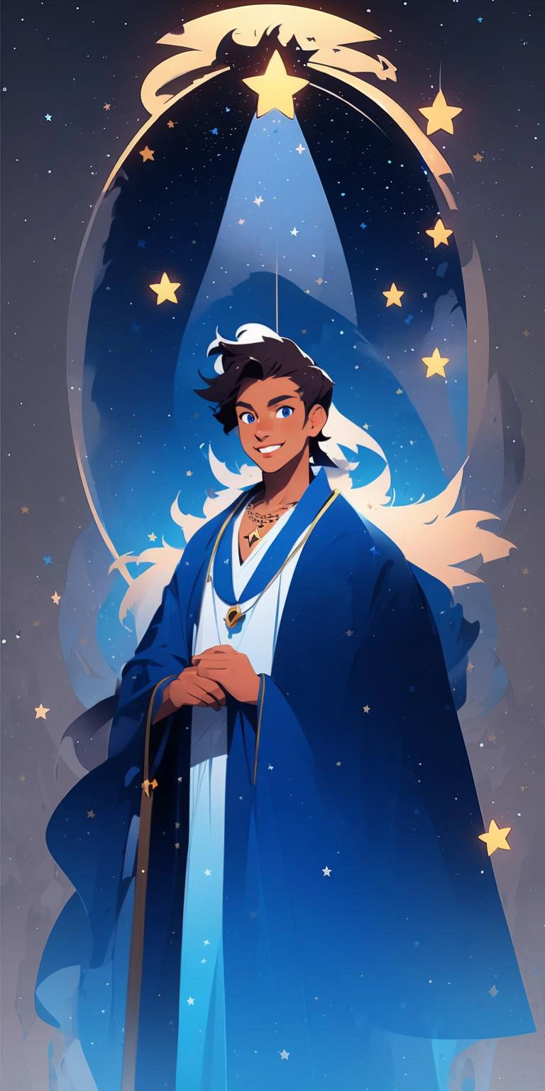 vector art style ,s, 20 year young male prince,male,stars,magic, night , black and blue theme, <lora:epi_noiseoffset2:1> simple blue robe,smile, brown combed hair,smile, necklace, detailed blue eyes, cowboy shot, full lips,
<lora:MW_ä¸å£èæå¹³æç»v11:1>