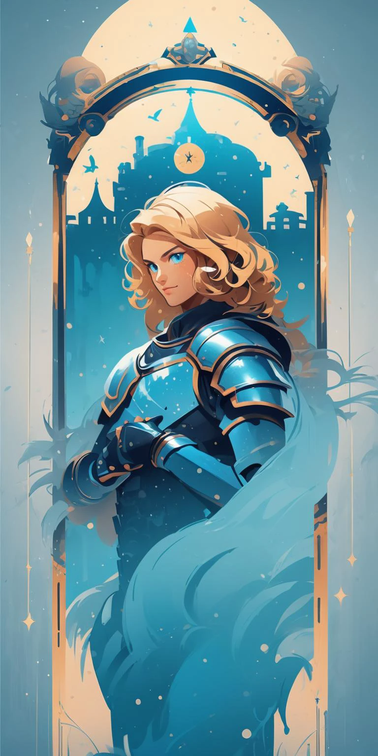 vector art style, (solo:1.2), green and blue theme ,blue eyes,blonde curly hair,silver knight ,metallic arm,gauntlets, tarot, symmetry, from front
<lora:MW_ä¸å£èæå¹³æç»v11:1>