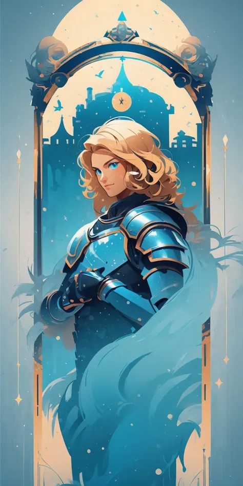 vector art style, (solo:1.2), green and blue theme ,blue eyes,blonde curly hair,silver knight ,metallic arm,gauntlets, tarot, symmetry, from front
 <lora:MW_ä¸å£èæå¹³æç»v11:1>