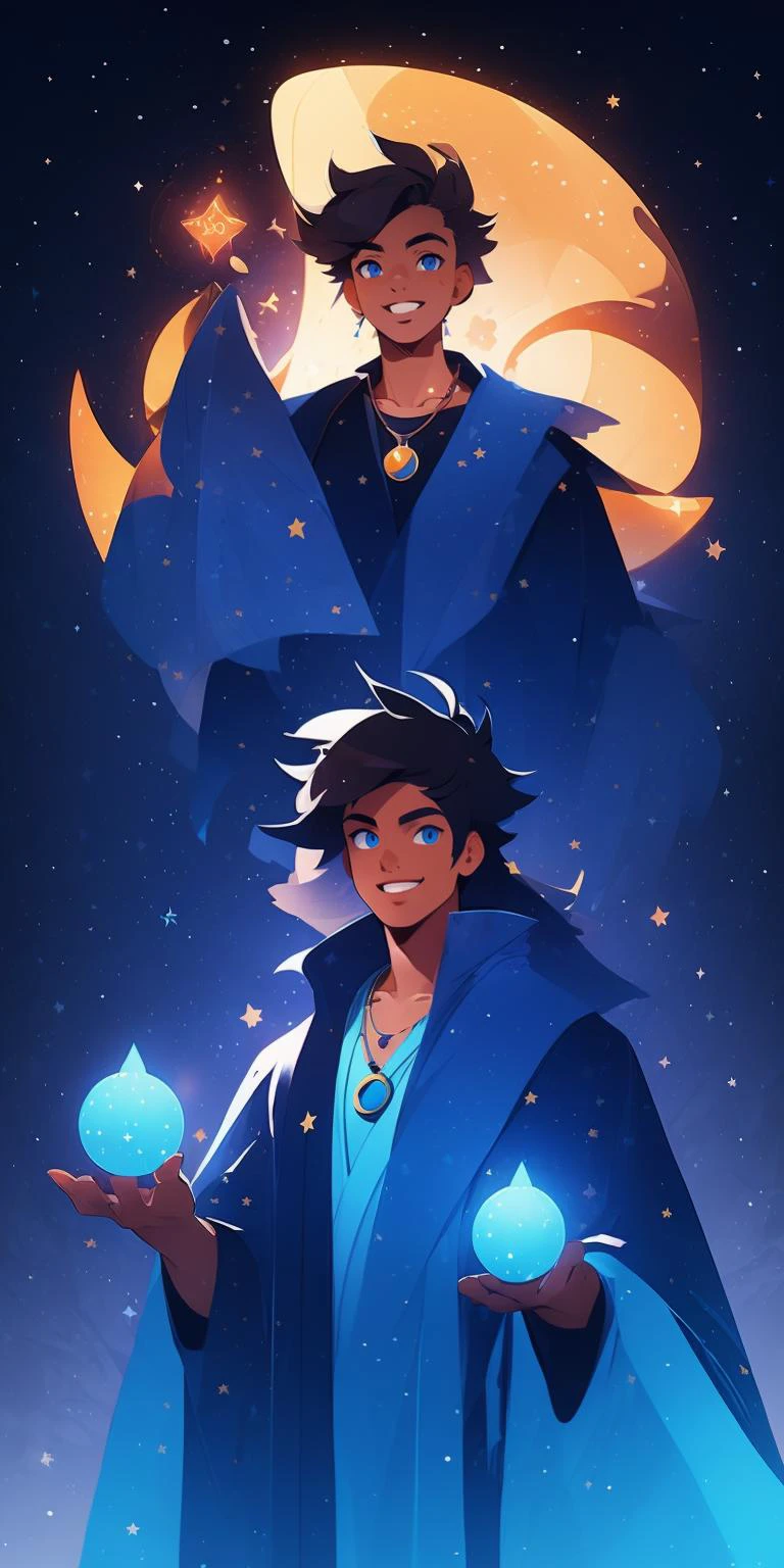 vector art style ,s, 20 year young male prince,male,stars,magic, night , black and blue theme, <lora:epi_noiseoffset2:1> simple blue robe,smile, brown combed hair,smile, necklace, detailed blue eyes, cowboy shot, full lips,
<lora:MW_ä¸å£èæå¹³æç»v11:1>