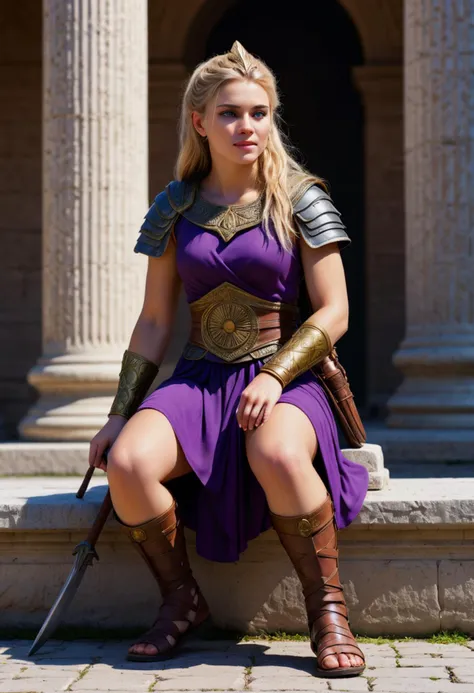 (medium full shot) of  (regal roman soldier) young woman, dacian with straight blonde hair, blue eyes, light skin, tall,            praetorian, wearing Galea with plume, lorica segmentata, purple tunic, leather belt, iron greaves, caligae, holding pugio with ornate handle , laughing, squatting,  set in ancient roman empire era,  Roman Forum, bustling marketplace with marble statues, stone columns, vendors selling goods, citizens in togas, a central fountain , Masterpiece,best quality, photorealistic, amazing quality, very aesthetic, extremely detailed face,