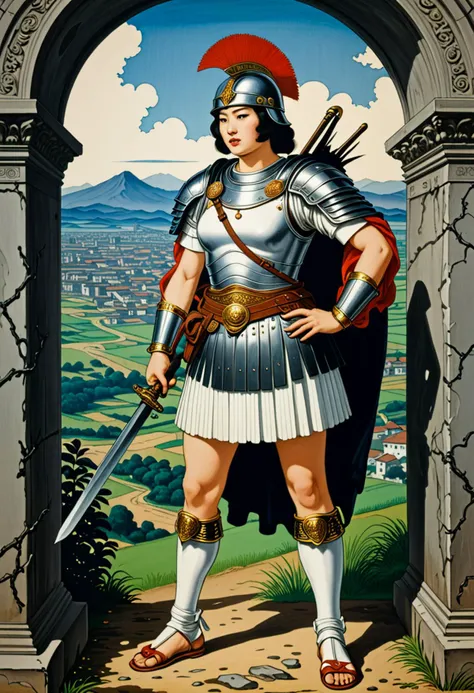 (horror painting by Utagawa Kuniyoshi) of a  roman soldier woman,            centurion, wearing Imperial Gallic helmet with transverse crest, lorica segmentata, white tunic, leather belt with scabbard, iron greaves, caligae, holding vine staff with brass knob,           set in ancient roman empire era,  Border Crossing, fortified checkpoint with guards inspecting travelers, wagons loaded with goods, a Roman milestone, a customs office