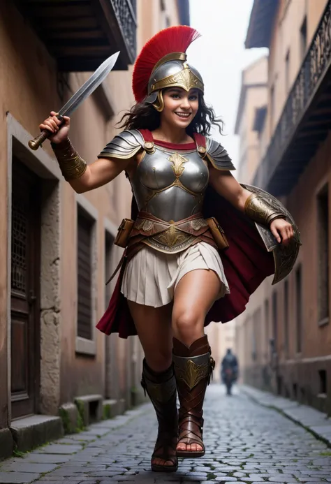 (medium full shot) of  (stunning roman soldier) young woman, carthaginian with curly dark hair, brown eyes, tan skin, medium build,            legionary, wearing Bronze helmet with plume, segmented armor cuirass, white tunic, leather bracers, iron greaves, leather sandals, holding pugio with decorated scabbard, laughing, jumping in the air,  set in ancient roman empire era,  Tenement, crowded housing complex for lower-class citizens, narrow corridors, communal kitchens, laundry hanging from balconies  , Masterpiece,best quality, photorealistic, amazing quality, very aesthetic, extremely detailed face,