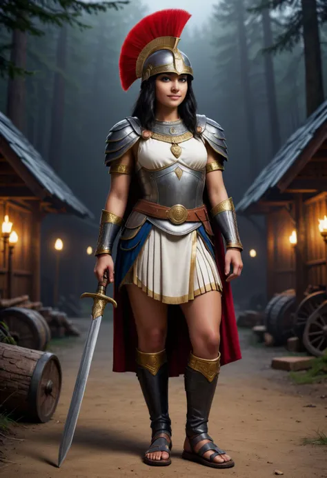 (medium full shot) of  (noble roman soldier) young woman, egyptian with straight black hair, dark eyes, tan skin, slender,            legionary, wearing Bronze helmet with plume, segmented armor cuirass, white tunic, leather bracers, iron greaves, leather sandals, holding pilum with iron tip, smiling at the viewer,  set in ancient roman empire era,  Logging Camp, temporary settlement with log cabins, lumberjacks at work, oxen pulling carts, stacks of felled trees, a rudimentary mess hall , at night, Masterpiece,best quality, photorealistic, amazing quality, very aesthetic, extremely detailed face,