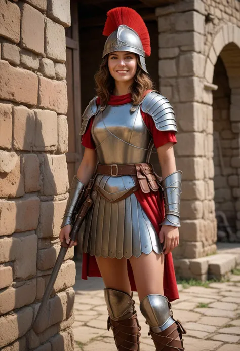 (medium full shot) of (vivacious roman soldier) young woman, wavy brown hair, hazel eyes, tan skin, Medium build,   legionary, wearing Iron helmet with cheek guards, chainmail shirt, red tunic, leather belt, iron greaves, caligae sandals, holding pilum with iron tip, set in ancient roman empire era,  Roman Watchtower, solitary structure overlooking the frontier, soldiers keeping vigil, signal fires ready to be lit, a small storeroom , smiling at the viewer, Masterpiece,best quality, photorealistic, amazing quality, very aesthetic, extremely detailed face,