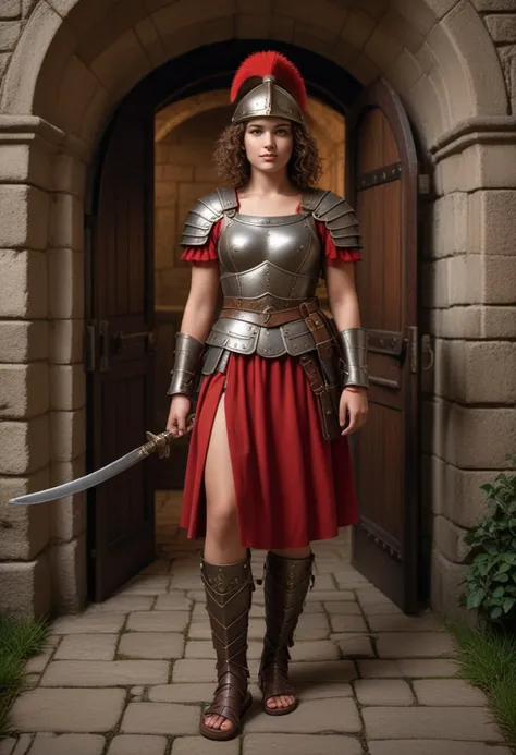 (medium full shot) of (gorgeous roman soldier) young woman, curly brown hair, hazel eyes, fair skin, curvy build,   decurion, wearing Bronze helmet with cheek guards, scale armor, red tunic, leather belt, iron greaves, leather sandals, holding hasta with steel tip, set in ancient roman empire era,  Gatehouse, main entrance with heavy wooden doors, guards on duty, a portcullis ready to drop, a drawbridge spanning a moat , at night, smiling at the viewer, Masterpiece,best quality, photorealistic, amazing quality, very aesthetic, extremely detailed face,