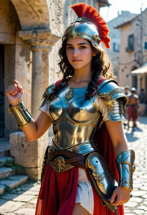 (medium full shot) of (graceful roman soldier) young woman, carthaginian with curly dark hair, brown eyes, tan skin, medium build,            centurion, wearing Bronze helmet with horsehair crest, lorica hamata, red tunic, leather bracers, iron greaves, leather sandals, holding pilum with bronze tip, laughing, arms crossed,  set in ancient roman empire era,  Border Settlement, bustling village with Roman-style buildings, traders bartering goods, Romanized locals mingling with soldiers , at sunset, ,Masterpiece,best quality, photorealistic, amazing quality, very aesthetic, extremely detailed face,