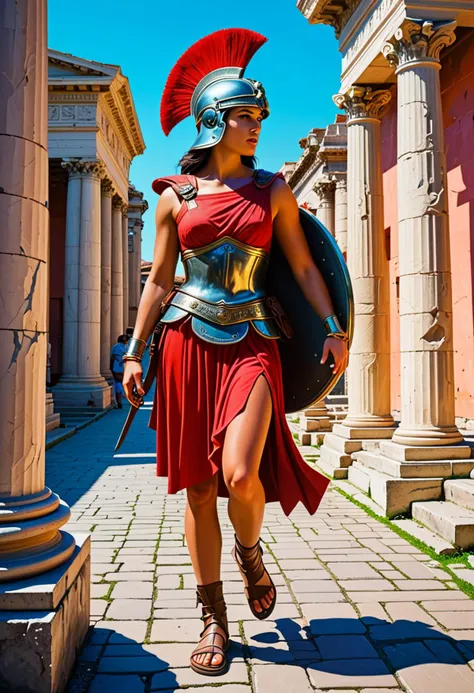 ( popart painting with bold colors and gradients in neon light by Andre Petrov) of a  roman soldier woman,            centurion, wearing Attic helmet with plume, muscle cuirass with leather straps, red tunic, leather belt with metal plates, iron greaves, leather sandals, holding pilum with bronze tip,           set in ancient roman empire era,  Roman Forum, bustling marketplace with marble statues, stone columns, vendors selling goods, citizens in togas, a central fountain