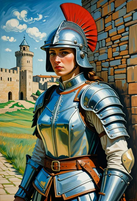 (Stunning acrylic painting by vincent Van Gogh) of a  roman soldier woman,            auxiliary, wearing Montefortino helmet with horsehair plume, leather armor, white tunic, leather belt with metal plates, iron greaves, caligae, holding javelin with iron head,           set in ancient roman empire era,  Fortified Wall, stone structure with battlements, archers in position, a gatehouse with heavy doors, guards patrolling