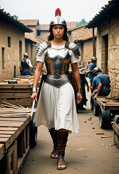 (art in the style of Paul Gauguin) of a  roman soldier woman,            legionary, wearing Bronze helmet with plume, segmented armor cuirass, white tunic, leather bracers, iron greaves, leather sandals, holding pilum with iron tip,           set in ancient roman empire era,  Supply Depot, area with crates of provisions, barrels of water, bundles of arrows, soldiers unloading supplies, makeshift tents for storage , at night