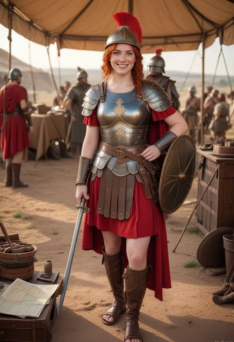 (medium full shot) of (desirable roman soldier) young woman,  red hair, blue eyes, fair skin, curvy,            auxiliary, wearing Bronze helmet with plume, leather cuirass, red tunic, leather bracers, iron greaves, leather sandals, holding sling with leather pouch, smiling at the viewer,  set in ancient roman empire era,  Command Tent, center of operations with maps on tables, commanders discussing strategy, armor racks, messengers arriving with reports , at sunset, Masterpiece,best quality, photorealistic, amazing quality, very aesthetic, extremely detailed face,