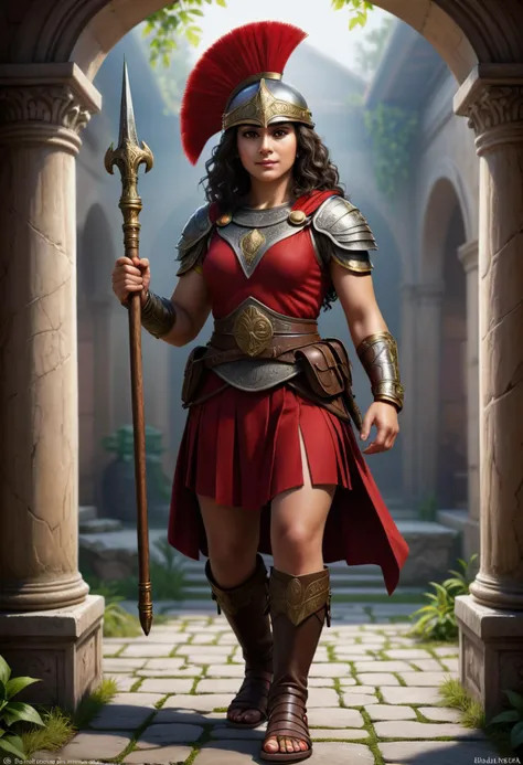 (medium full shot) of  (regal roman soldier) young woman, carthaginian with curly dark hair, brown eyes, tan skin, medium build,            centurion, wearing Attic helmet with plume, muscle cuirass with leather straps, red tunic, leather belt with metal plates, iron greaves, leather sandals, holding vine staff with brass knob, smiling at the viewer,  set in ancient roman empire era,  Suburban Villa, suburban retreat with gardens, orchards, a small temple, a private bathhouse, a library or study room for scholarly pursuits  , Masterpiece,best quality, photorealistic, amazing quality, very aesthetic, extremely detailed face,