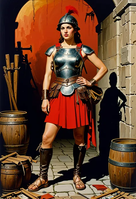 (neon art painting by Jackson Pollock) of a  roman soldier woman,            auxiliary, wearing Bronze helmet with plume, leather cuirass, red tunic, leather bracers, iron greaves, leather sandals, holding sling with leather pouch,           set in ancient roman empire era,  Supply Depot, area with crates of provisions, barrels of water, bundles of arrows, soldiers unloading supplies, makeshift tents for storage , at sunset