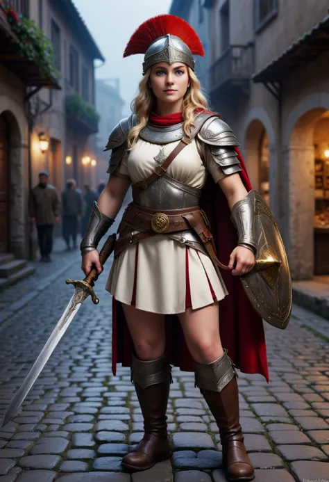 (medium full shot) of  (majestic roman soldier) young woman, gaul with blonde hair, blue eyes, fair skin, stocky,            auxiliary, wearing Gallic helmet with transverse crest, chainmail armor, white tunic, leather belt with scabbard, iron greaves, caligae, holding javelin with iron head, smiling at the viewer,  set in ancient roman empire era,  Border Settlement, bustling village with Roman-style buildings, traders bartering goods, Romanized locals mingling with soldiers , at night, Masterpiece,best quality, photorealistic, amazing quality, very aesthetic, extremely detailed face,