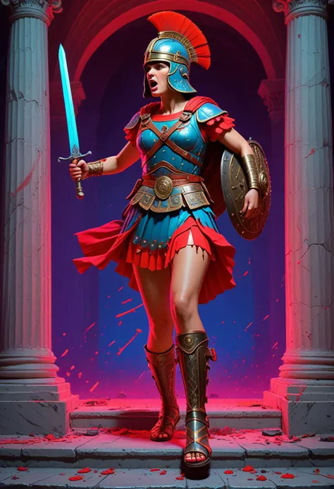 ( popart painting with bold colors and gradients in neon light by Andre Petrov, Splat Paint Effect) of a  roman soldier woman,            legionary, wearing Gallic helmet with transverse crest, lorica segmentata, red tunic, leather belt with metal plates, iron greaves, leather sandals, holding pugio with decorated scabbard, surprised, open mouth, running toward the viewer,  set in ancient roman empire era,  Senate House, imposing building with stone steps, grand entrance, senators in togas debating, marble statues, a domed ceiling , at night,