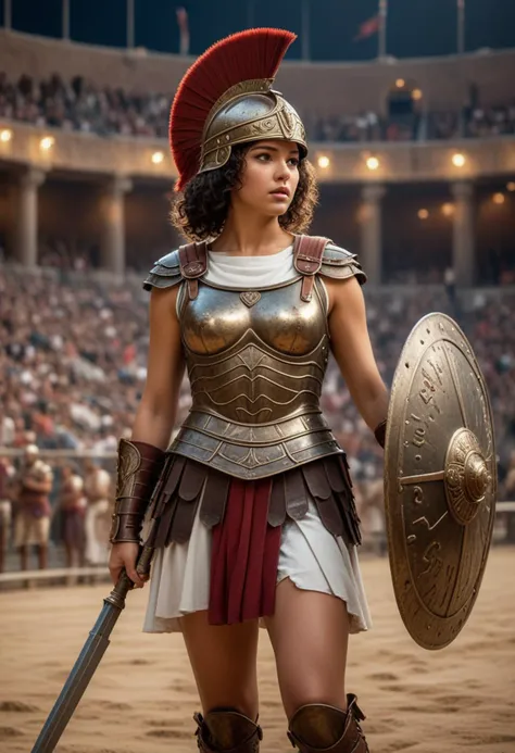 (medium full shot) of (gorgeous roman soldier) young woman, curly dark hair, hazel eyes, light skin, busty build,   legionary, wearing Bronze helmet with plume, segmented armor cuirass, white tunic, leather bracers, iron greaves, leather sandals, holding pugio with decorated scabbard, set in ancient roman empire era,  Colosseum, grand amphitheater with tiered seating, a sand-covered arena, gladiators preparing for combat, roaring crowds, banners waving , at night, surprised, open mouth, running toward the viewer, Masterpiece,best quality, photorealistic, amazing quality, very aesthetic, extremely detailed face,