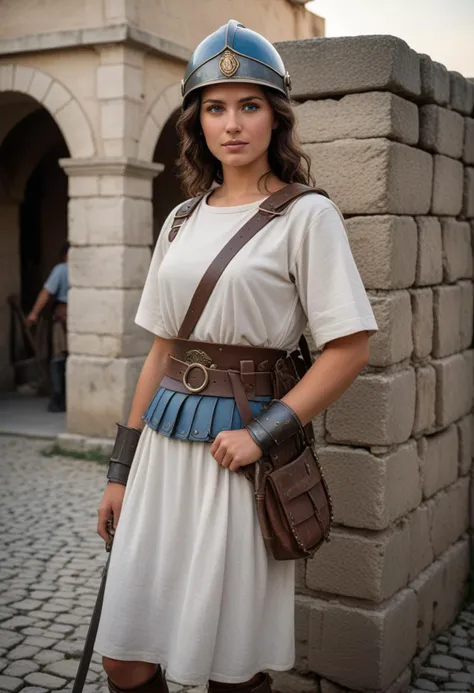 (medium full shot) of (desirable roman soldier) young woman, wavy dark hair, blue eyes, light skin, slim build,   auxiliary, wearing Iron helmet with cheek guards, mail shirt, white tunic, leather belt, iron greaves, caligae, holding sling with leather pouch, set in ancient roman empire era,  Border Crossing, fortified checkpoint with guards inspecting travelers, wagons loaded with goods, a Roman milestone, a customs office , at sunset, laughing, arms crossed, Masterpiece,best quality, photorealistic, amazing quality, very aesthetic, extremely detailed face,