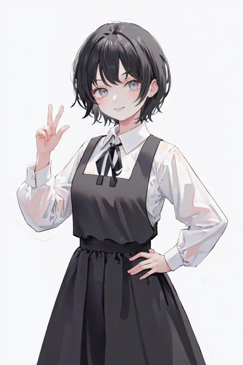 masterpiece, best quality, highres, 1girl short hair, white shirt black dress neck ribbon <lora:sayonara_eri:1> hand on hip, smile