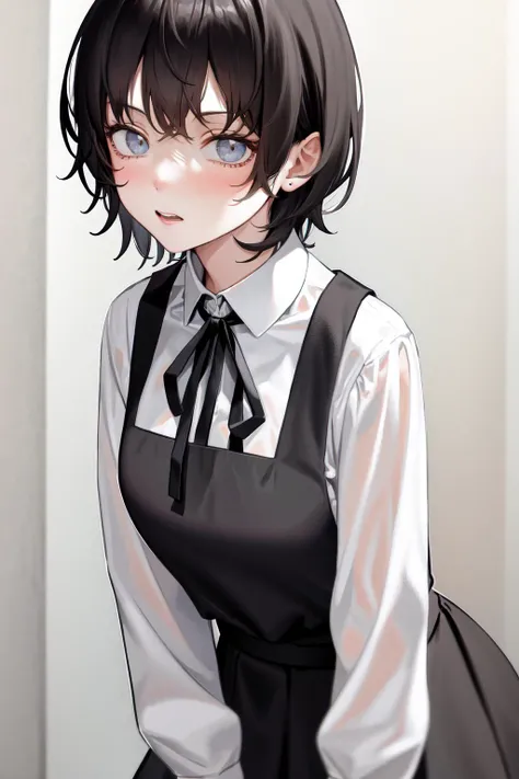 masterpiece, best quality, highres, 1girl short hair, white shirt black dress neck ribbon <lora:sayonara_eri:1>