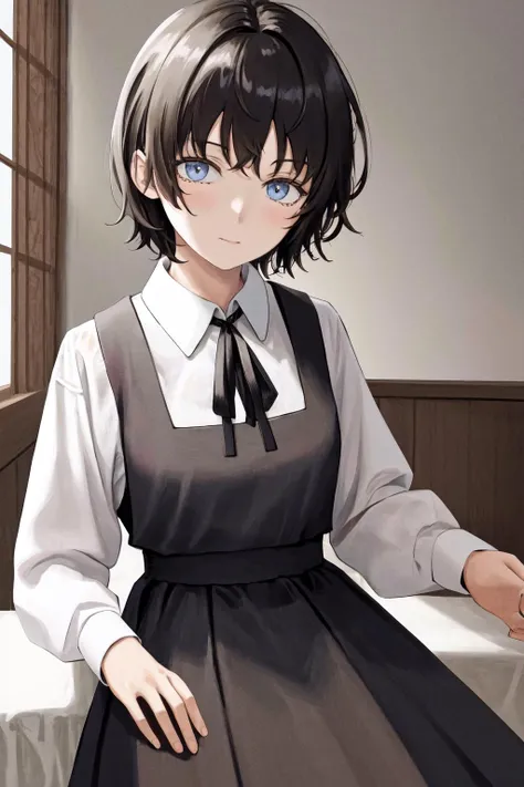 masterpiece, best quality, highres, 1girl short hair, white shirt black dress neck ribbon <lora:sayonara_eri:1>