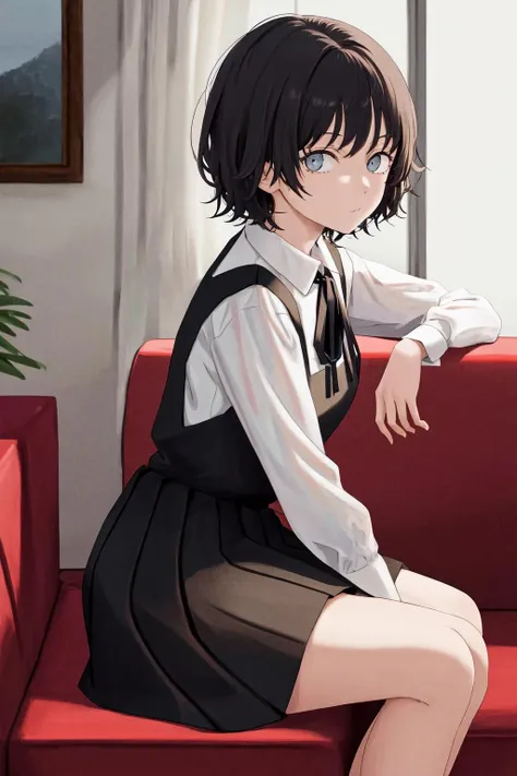 masterpiece, best quality, highres, 1girl short hair, white shirt black dress neck ribbon <lora:sayonara_eri:1> sitting on couch, from side, looking at viewer