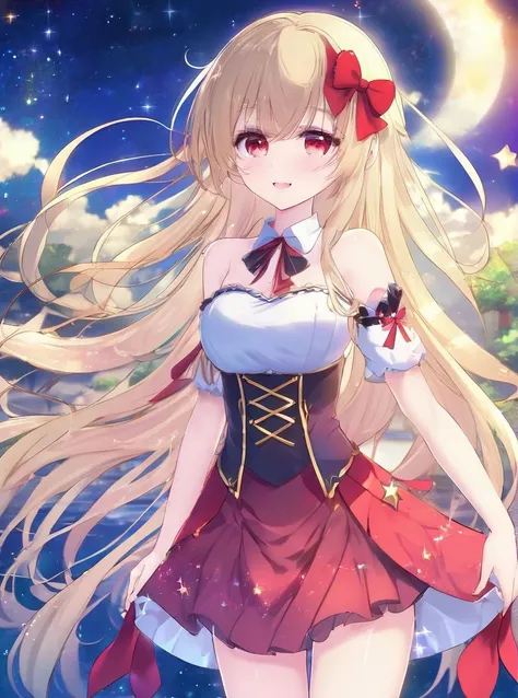1girl, arm_garter, armband, bangs, bare_shoulders, blonde_hair, blush, bow, breasts, closed_mouth, hair_between_eyes, hair_ornament, light_particles, long_hair, looking_at_viewer, night, night_sky, red_bow, red_eyes, shirt, skirt, sky, sleeveless, smile, solo, star_\(sky\), star_\(symbol\), starry_sky, very_long_hair, <lora:last-000016:0.9>