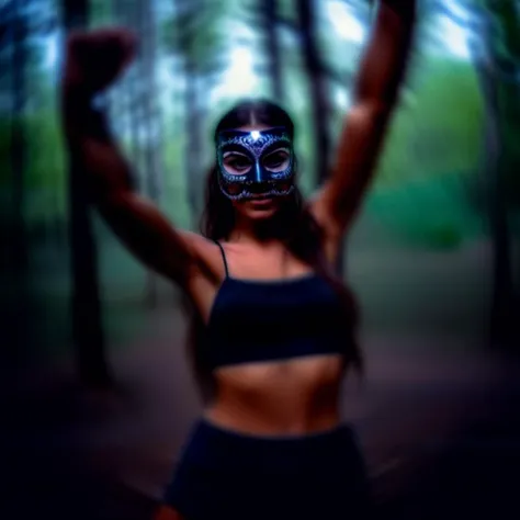 povdanc shaman girl in dark sexy mask dance in darkness forest bokeh<lora:povdanc:1>