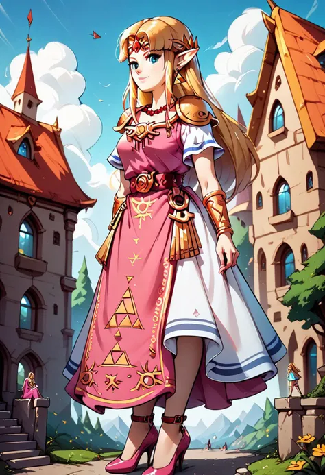 score_9, score_8_up, score_7_up, score_6_up, score_5_up, score_4_up, princess zelda, Giantess, clothing, dress, high heels, (Zelda leaning on house), outdoors,