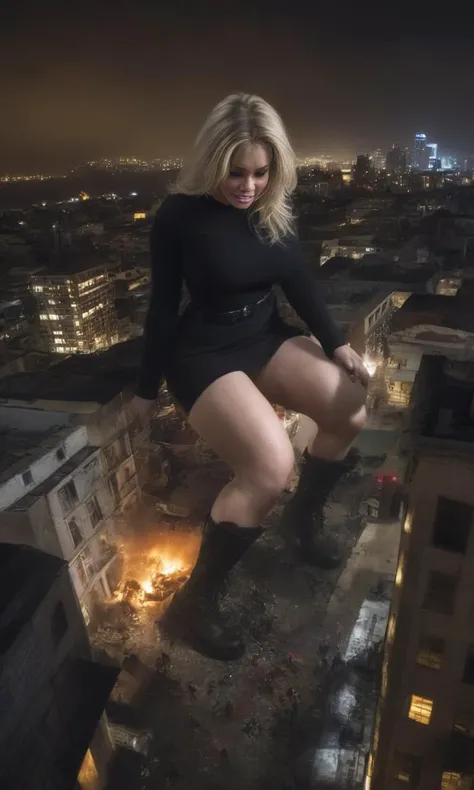 <lora:minigts_sdxl:0.8>, (best quality, highres, raw, wide angle shot), mega giantess blond hair women crushing building, (background crowded city), dark climate, armagedon, shadows and fire, night, suffer, demonic, dust around boots