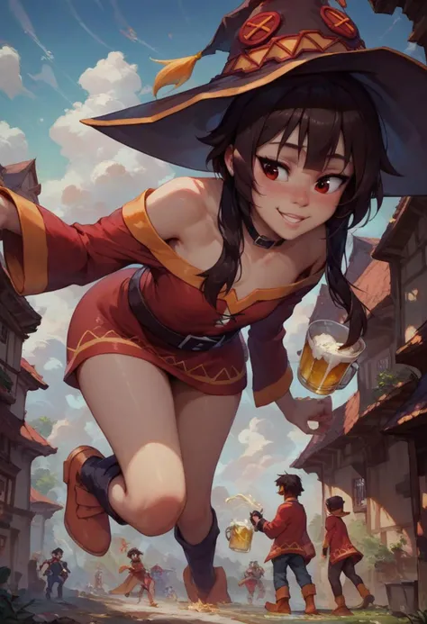 score_9, score_8_up, score_7_up, 1girl, 1boy, couple, (mesogts, giantess), Megumin, Kazuma, guild hall, beer