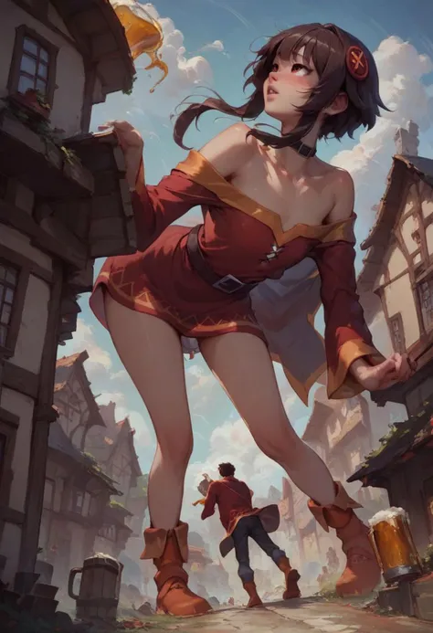 score_9, score_8_up, score_7_up, 1girl, 1boy, couple, (mesogts, giantess), Megumin bending over, Kazuma looking up skirt, guild hall, beer