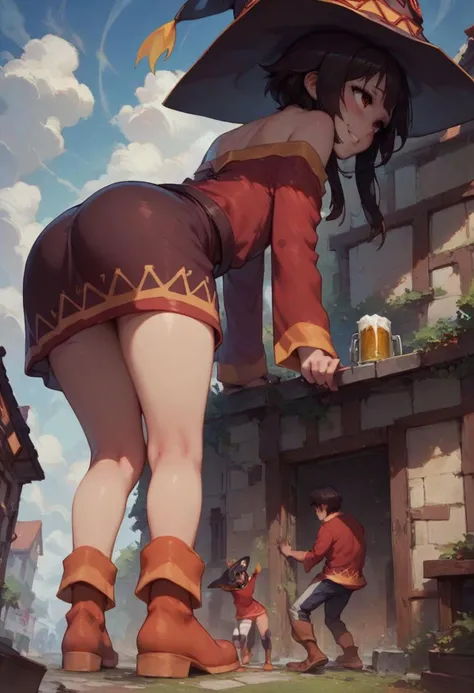 score_9, score_8_up, score_7_up, 1girl, 1boy, couple, (mesogts, giantess), Megumin bending over, Kazuma looking up skirt, guild hall, beer